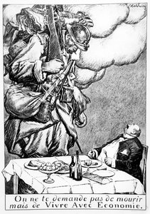 „Nie masz umrzeć, ale być oszczędnym”, karykatura wojennych spekulantów, 1914-18